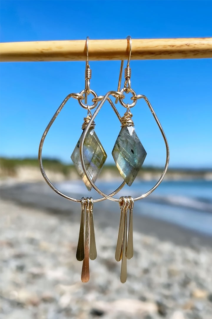 Quinn Sharp Handmade - Diamond Labradorite Teardrop Hoops in Gold