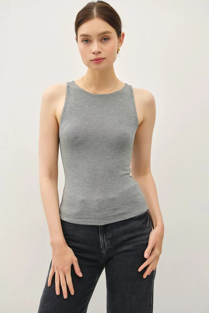Be Cool - Basic Double Lined Boat Neck Tank in Heather Grey