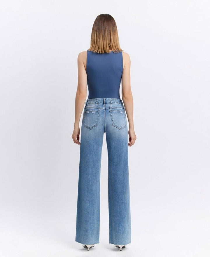 VERVET by FLYING MONKEY - Mid Rise Clean Cut Raw Hem Wide Leg Jeans in Vouchsafe