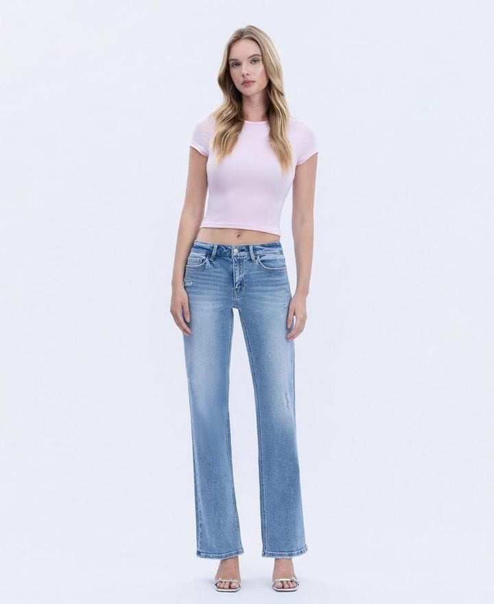 VERVET by FLYING MONKEY - Mid Rise Full Length Slim Wide Leg Jeans in Lt Stone Wash
