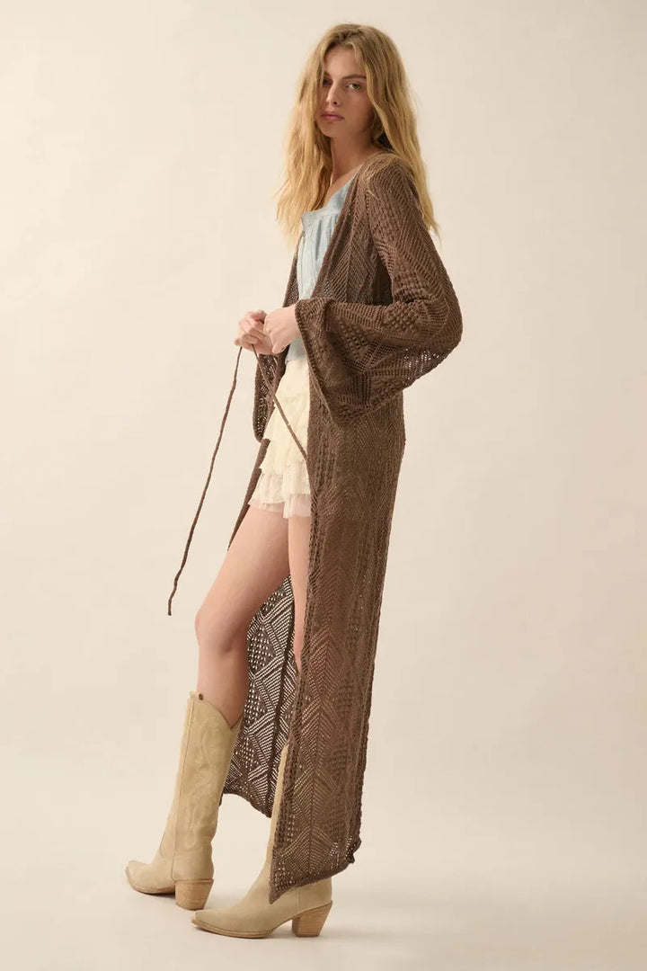 Promesa USA - Pointelle Crochet Knit Cardigan in Mocha