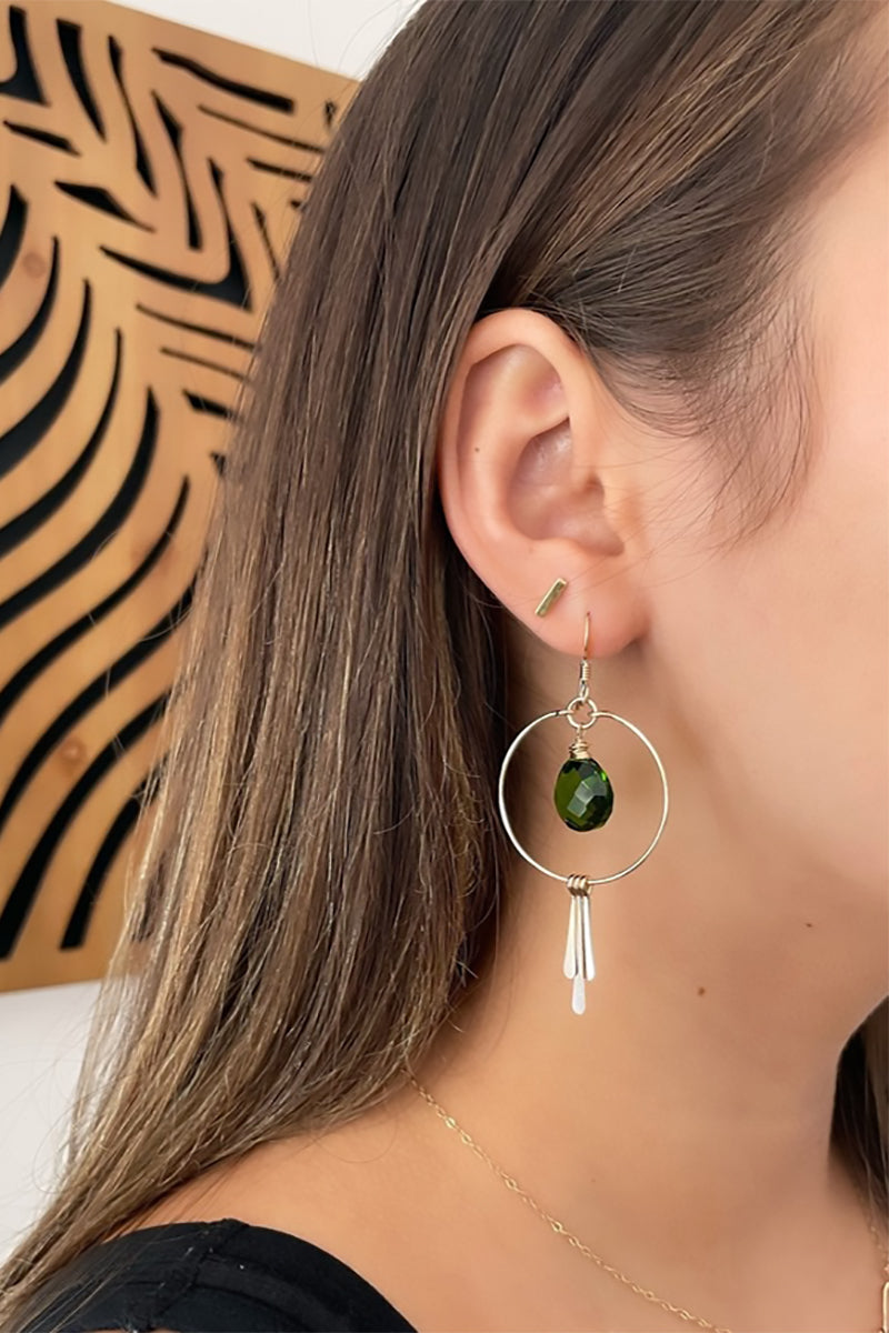 Quinn Sharp Handmade - Circle Hoops Green Gemstone Triple Fringe in Silver
