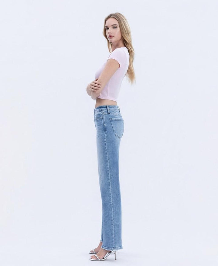 VERVET by FLYING MONKEY - Mid Rise Full Length Slim Wide Leg Jeans in Lt Stone Wash