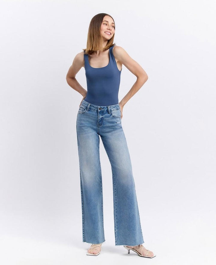VERVET by FLYING MONKEY - Mid Rise Clean Cut Raw Hem Wide Leg Jeans in Vouchsafe