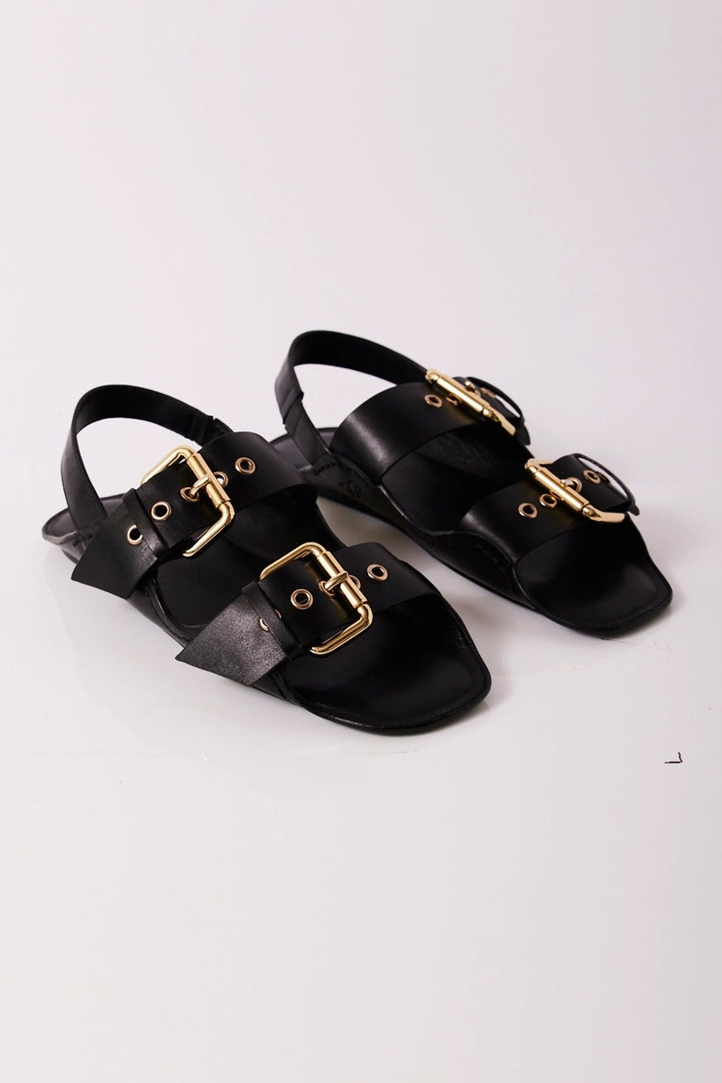 Free People - Blossom Buckle Sandals in Black Leather