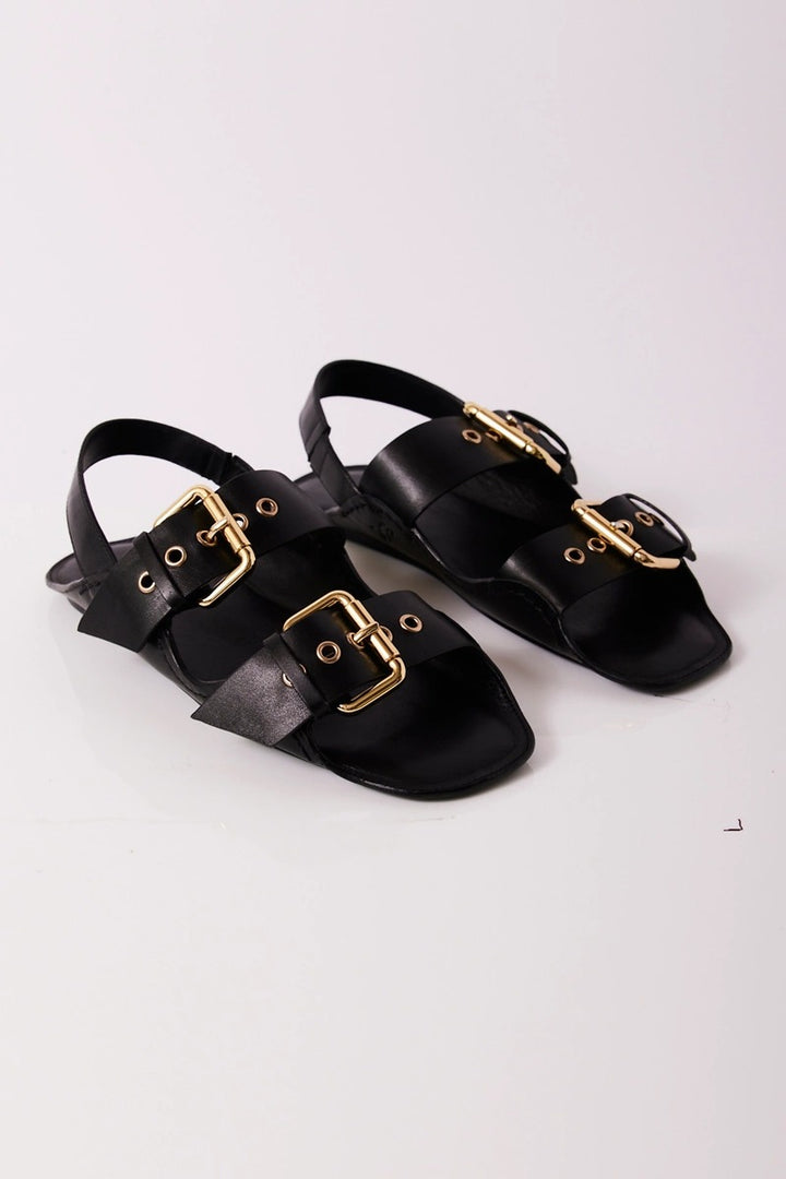 Free People - Blossom Buckle Sandals in Black Leather