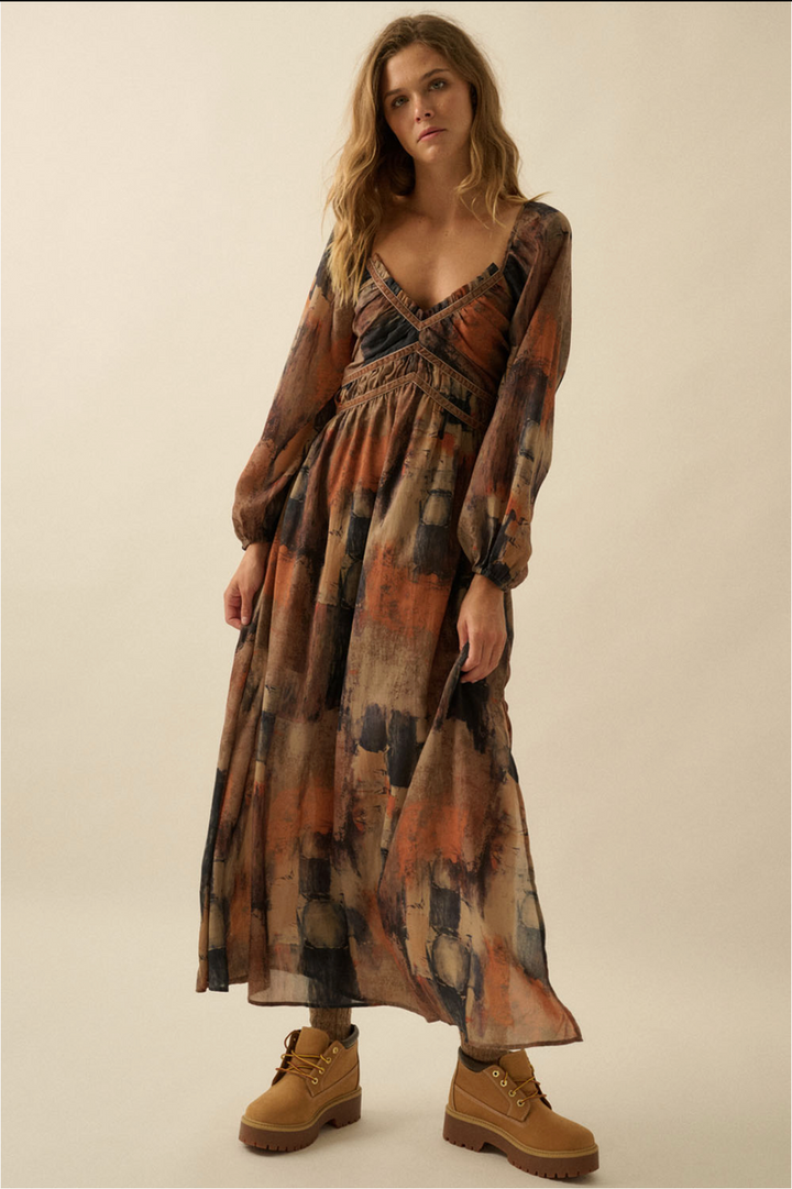 Promesa USA - Abstract-Print Velvet-Trimmed V-Neck Maxi Dress in Sand