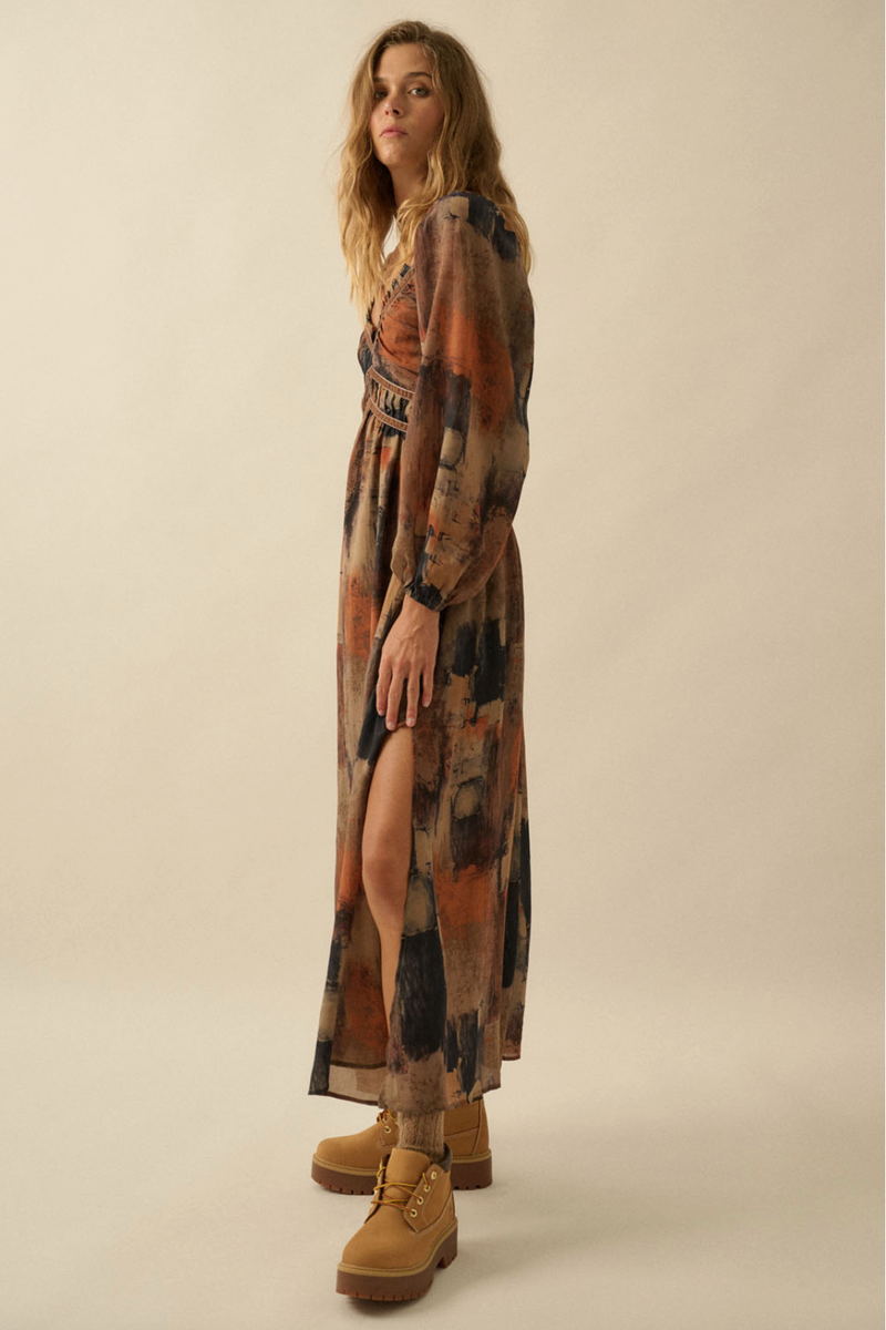 Promesa USA - Abstract-Print Velvet-Trimmed V-Neck Maxi Dress in Sand