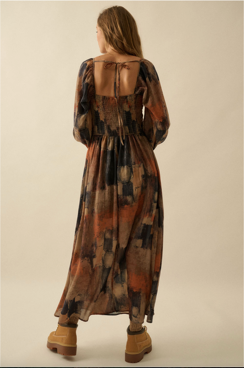 Promesa USA - Abstract-Print Velvet-Trimmed V-Neck Maxi Dress in Sand