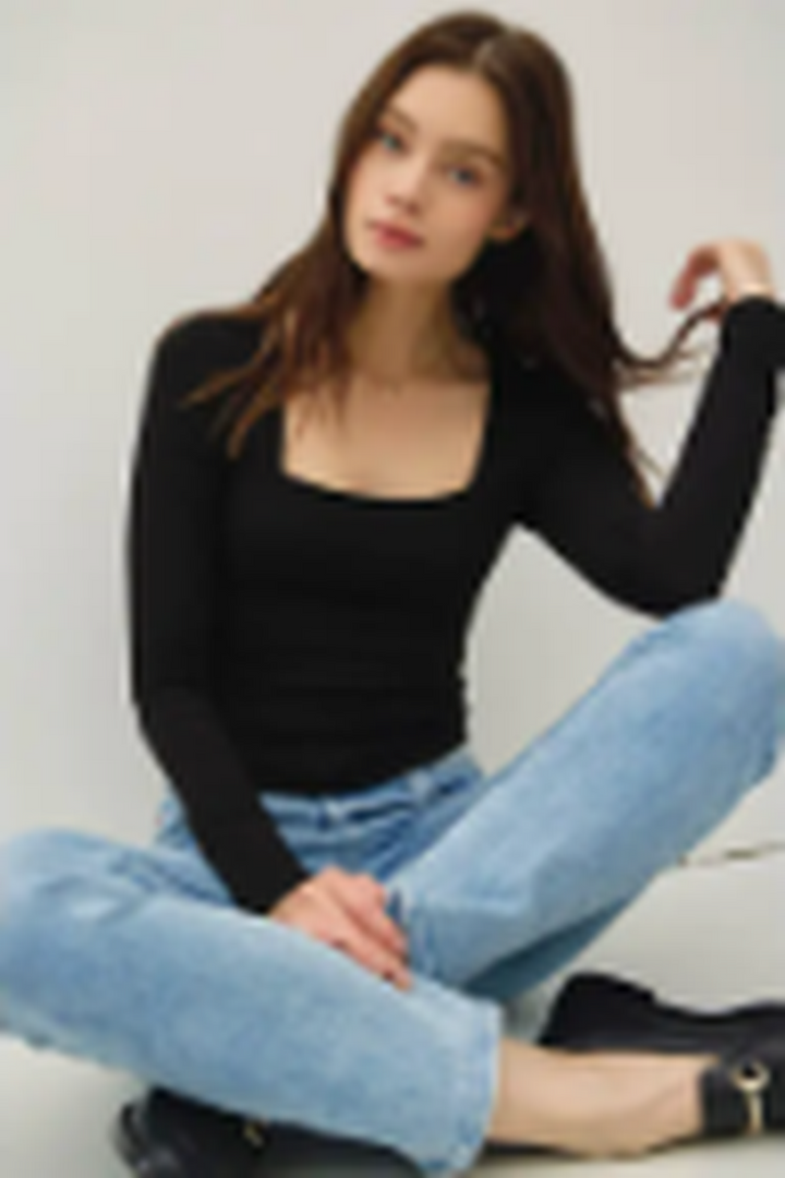 Be Cool - Soft Core Basic Square Neck Long Sleeve Top in Black