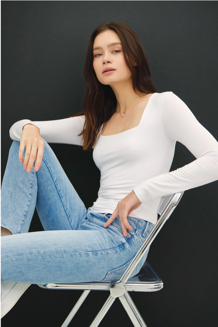 Be Cool - Soft Core Basic Square Neck Long Sleeve Top in Off White