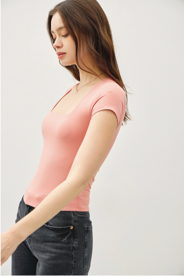 Be Cool - Square Neck Knit Tee in Dusty Coral