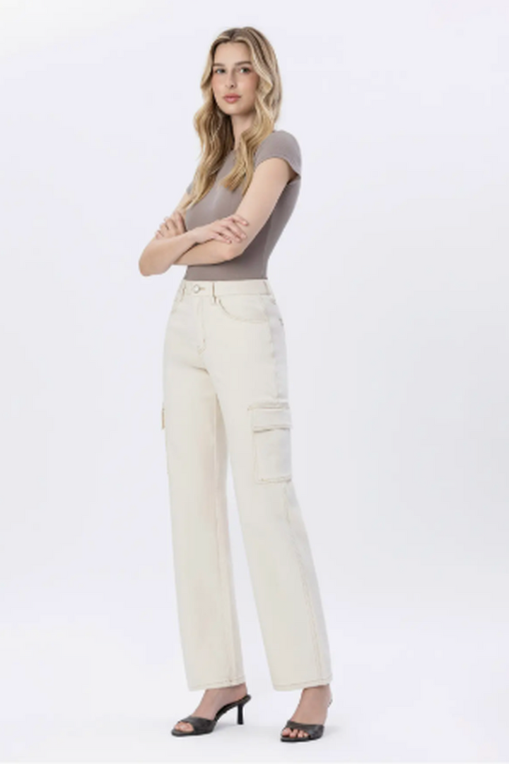 FLYING MONKEY - 90's Super High Rise Utility Cargo Dad Jeans Ecru