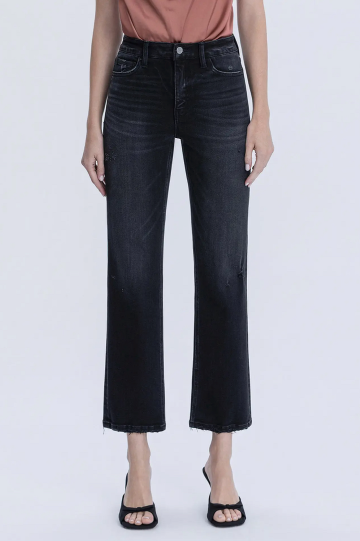 FLYING MONKEY - Mid Rise Black Ankle Straight Jeans in Verdant Gleam