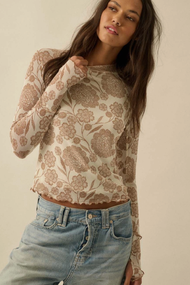 Promesa USA - Floral-Print Mesh Mock-Neck Raglan Top in Cream