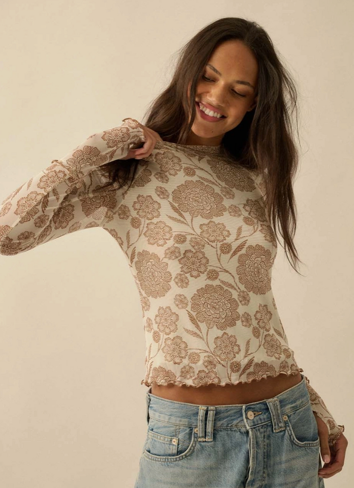 Promesa USA - Floral-Print Mesh Mock-Neck Raglan Top in Cream