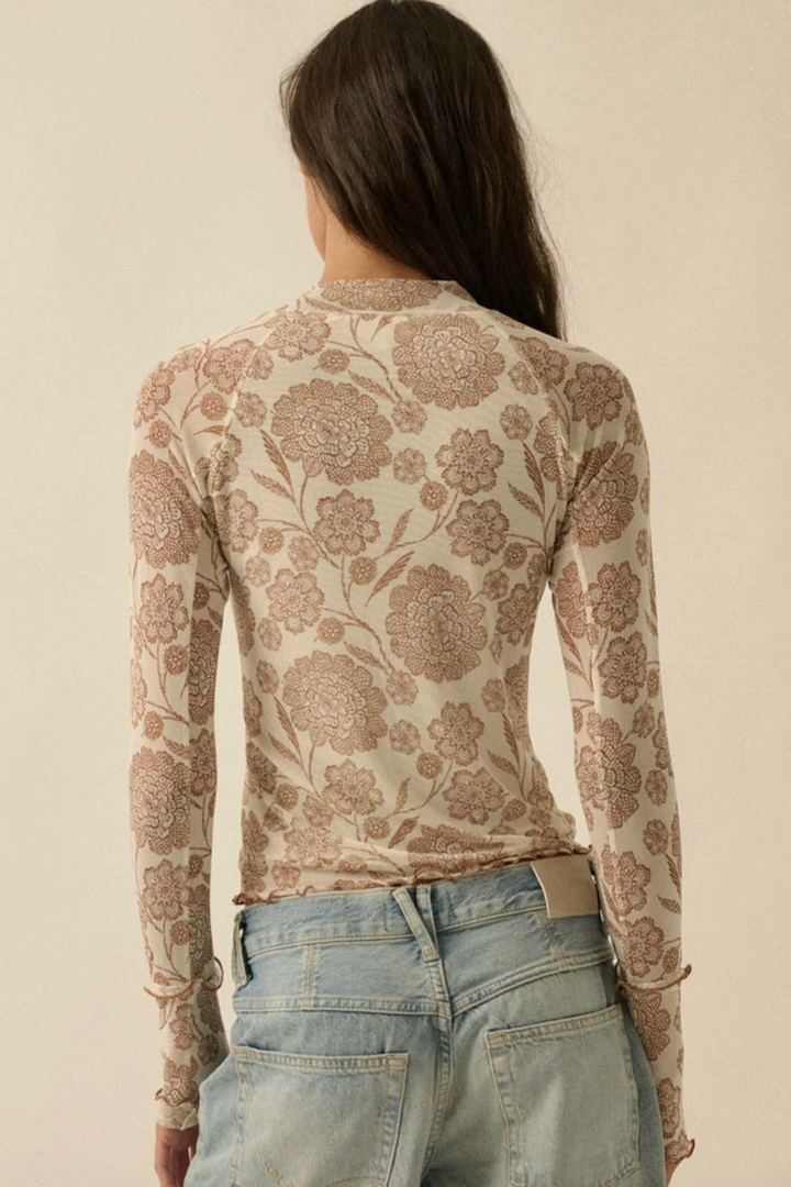 Promesa USA - Floral-Print Mesh Mock-Neck Raglan Top in Cream