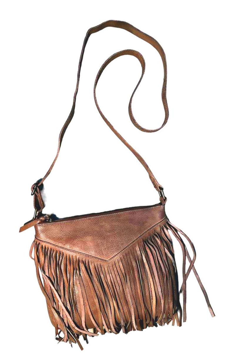 Cut n' Paste - "Payton" Fringe Zip-Top Cross Body Bag in Tan