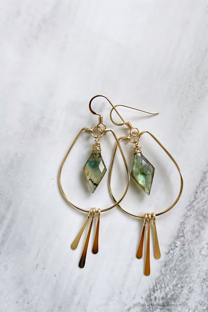 Quinn Sharp Handmade - Diamond Labradorite Teardrop Hoops in Gold