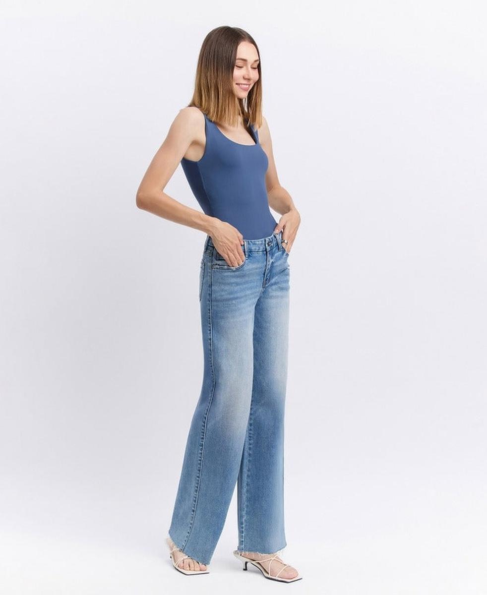 VERVET by FLYING MONKEY - Mid Rise Clean Cut Raw Hem Wide Leg Jeans in Vouchsafe