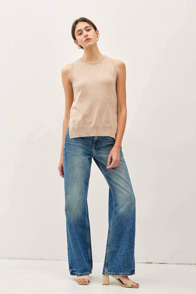 Be Cool -    Classic Pullover Raw Seam Detailed Knit Tank in Taupe