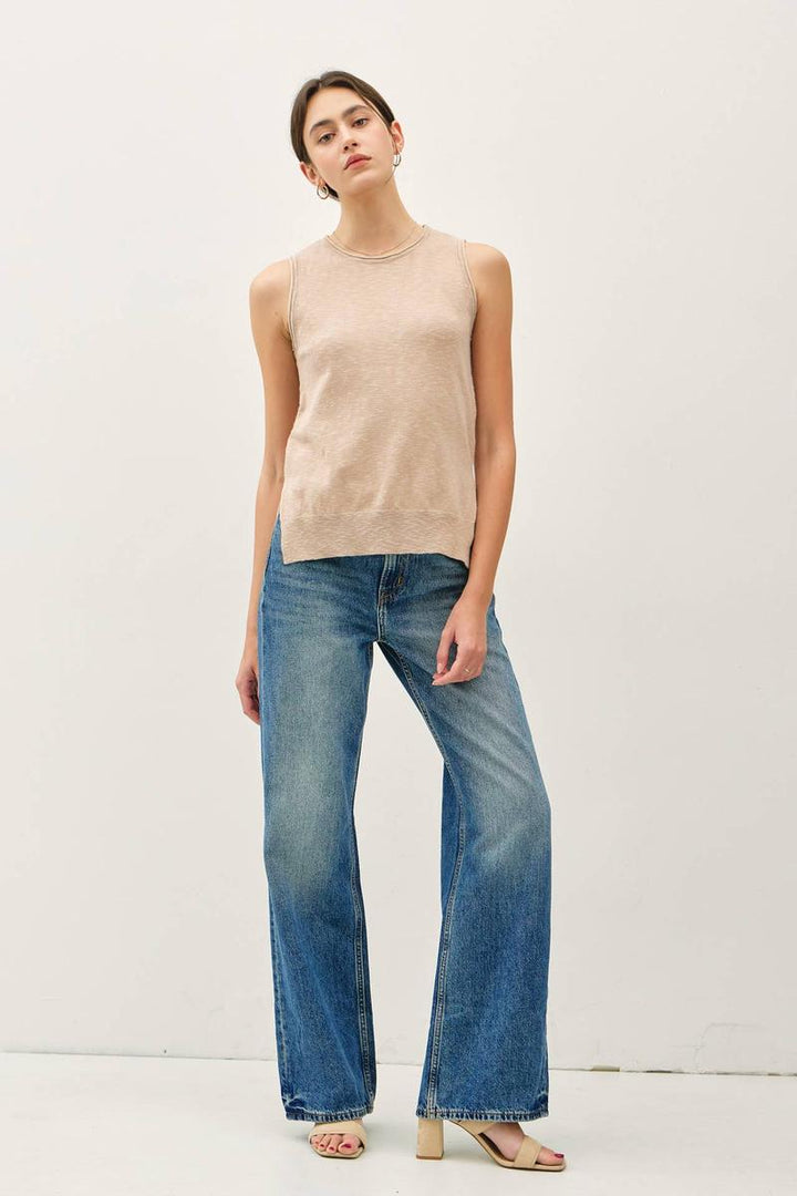 Be Cool -    Classic Pullover Raw Seam Detailed Knit Tank in Taupe
