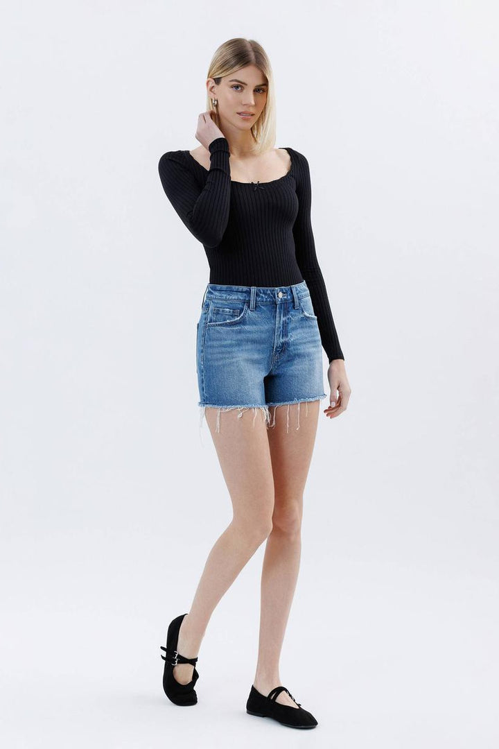 VERVET by Flying Monkey - High Rise Raw Hem Denim Shorts in Amicably