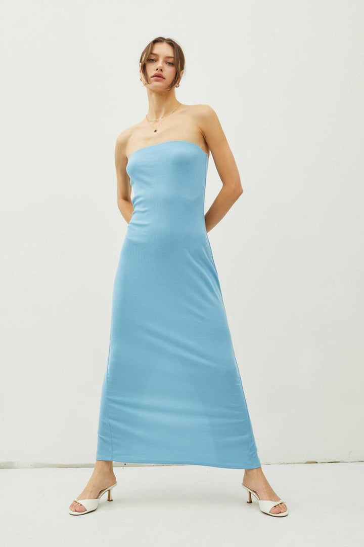 Be Cool - Solid Strapless Tube Maxi Dress With Back Slit in Aqua Blue