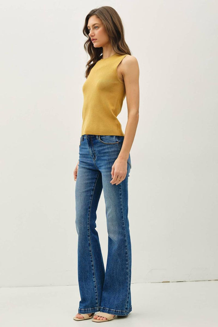 Be Cool -  Classic Crew Neck Sleeveless Slim Knitted Tank in Dijon