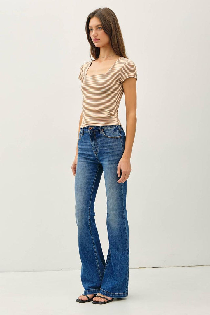 Be Cool - Striped Square Neck Knit Tee in Mocha