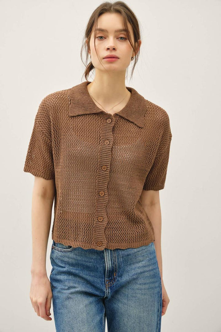 Be Cool - Lightweight, Button Up Sweater with Scalloped Edges in Brown