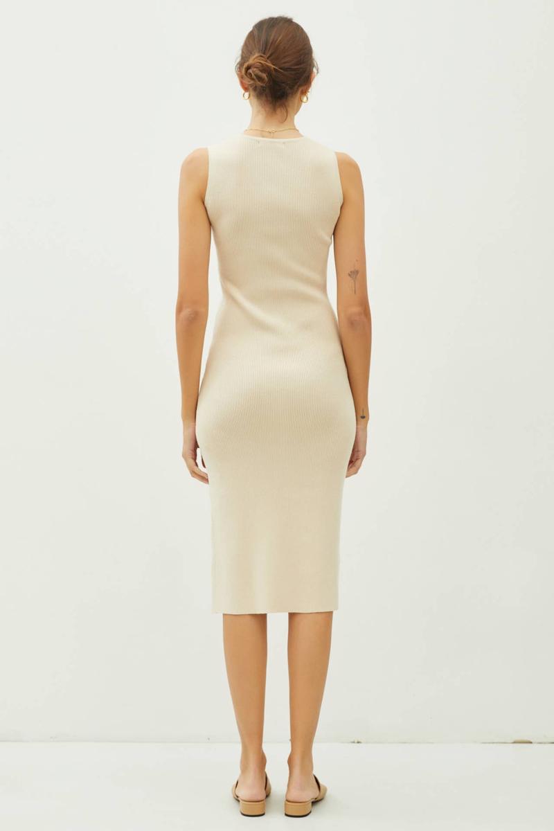 Be Cool - Leg Slit Bodycon Ribbed Knit Midi Dress in Natural