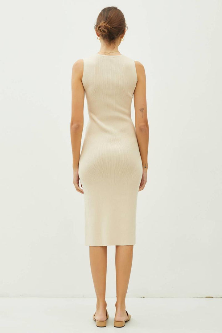 Be Cool - Leg Slit Bodycon Ribbed Knit Midi Dress in Natural