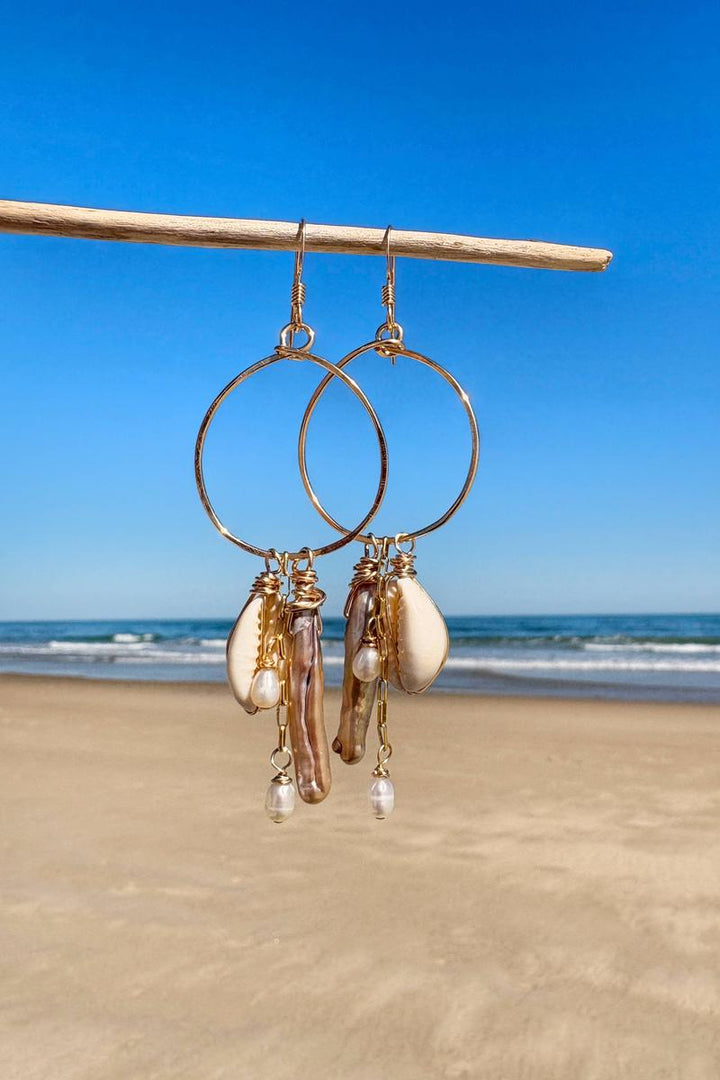 Quinn Sharp - Cowrie Shell Champagne Biwa Pearl Hoops