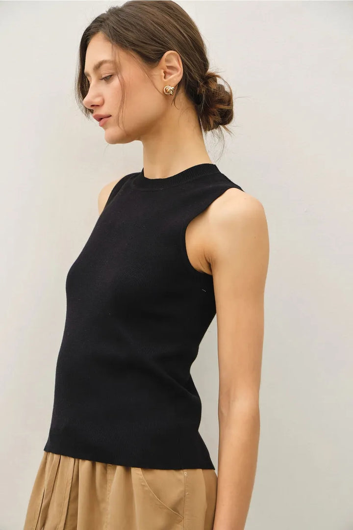 Be Cool -  Classic Crew Neck Sleeveless Slim Knitted Tank in Black