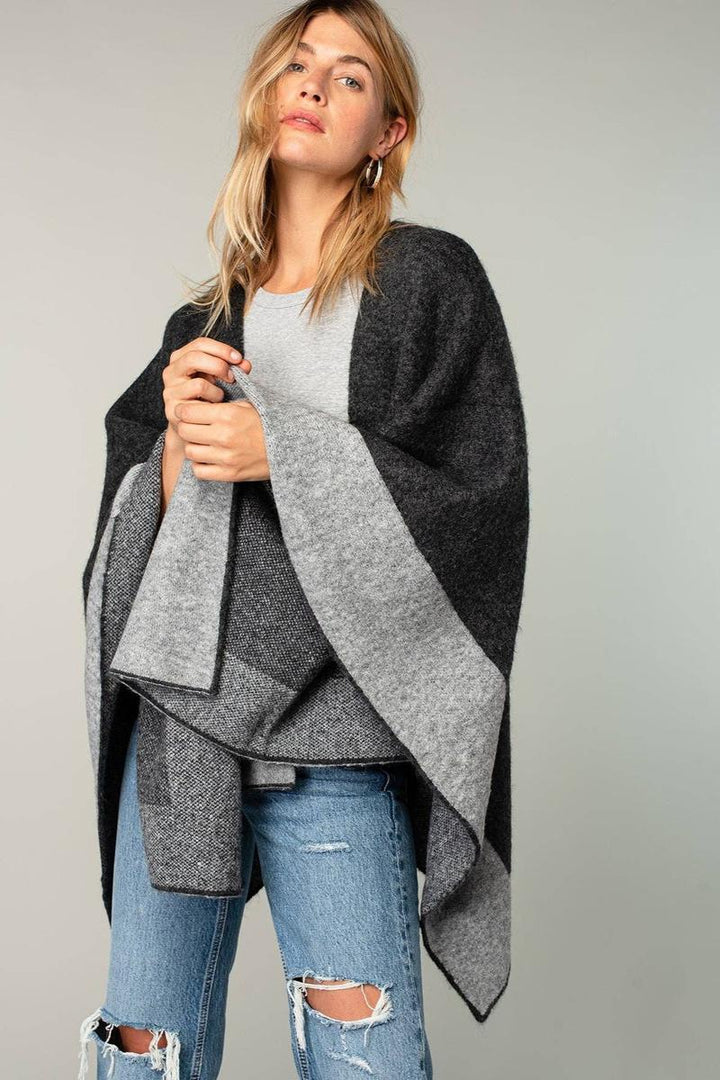 Lovestitch - Relaxed Color Block Cape Cardigan Poncho in Charcoal