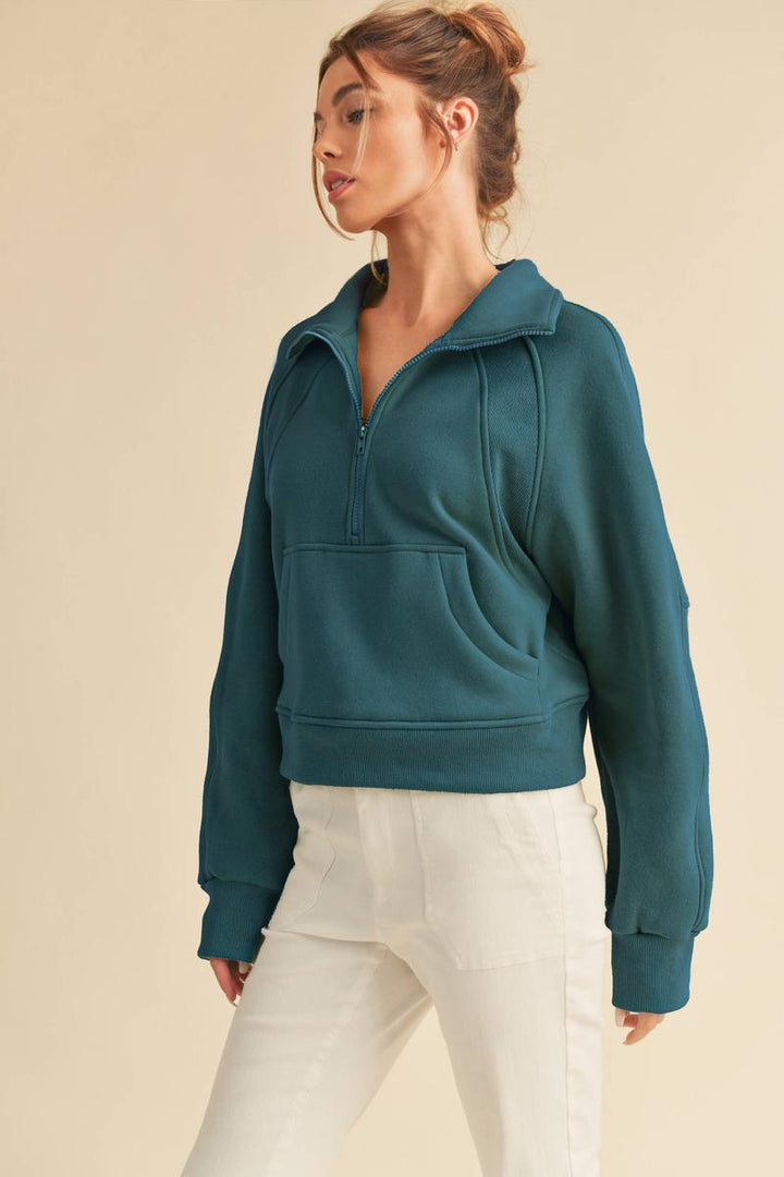 AEMI + CO - Dove Funnel Neck Half Zip in Teal