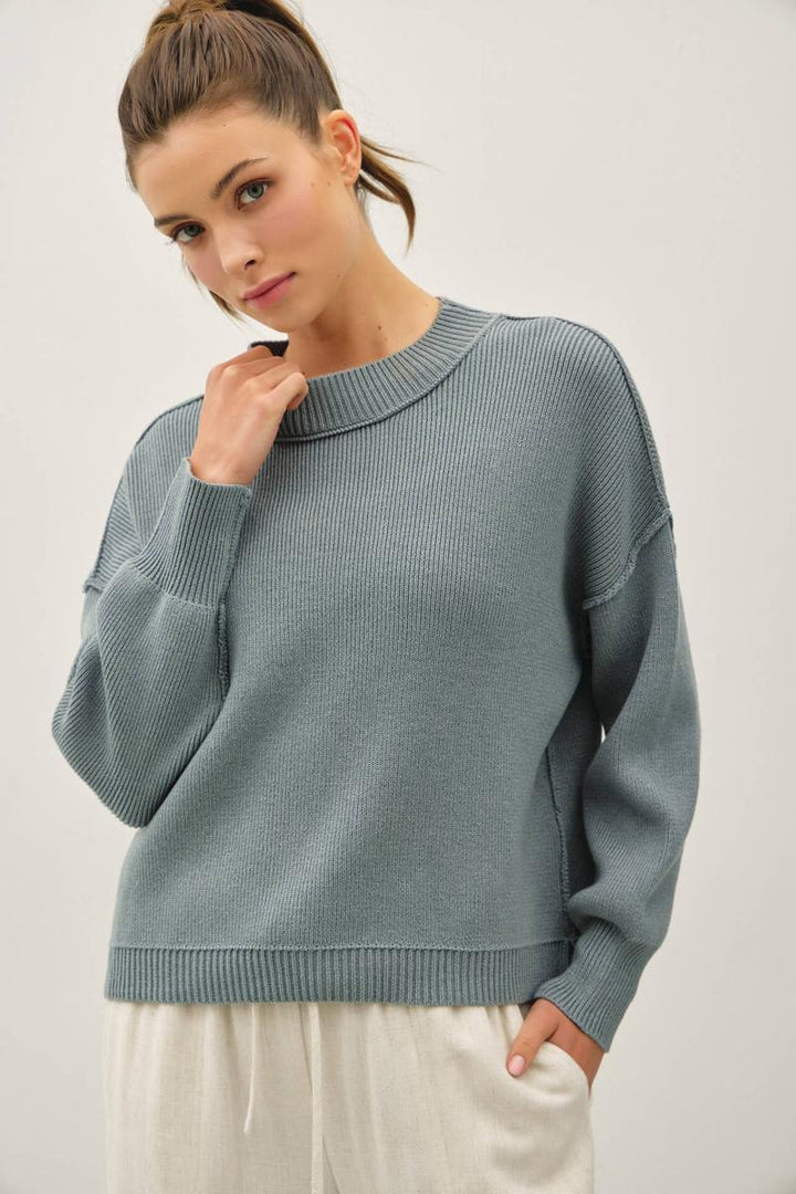 Be Cool - Ribbed Knit Sweater With Raw Seam in Teal