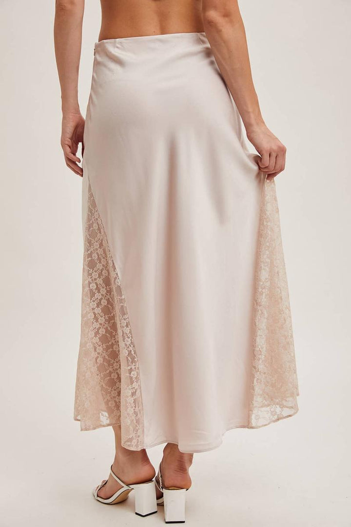 Bluivy - Lace Trimmed Mid-Rise Satin Skirt in Pearl