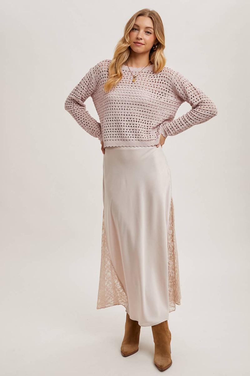 Bluivy - Lace Trimmed Mid-Rise Satin Skirt in Pearl