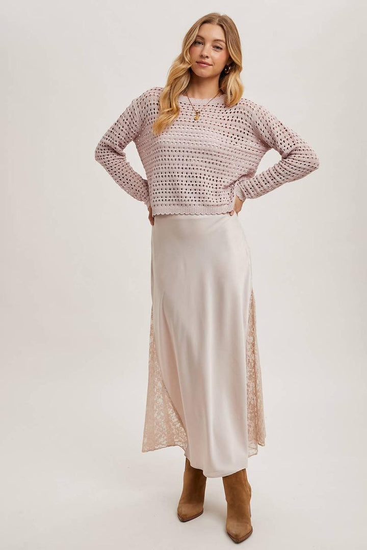 Bluivy - Lace Trimmed Mid-Rise Satin Skirt in Pearl