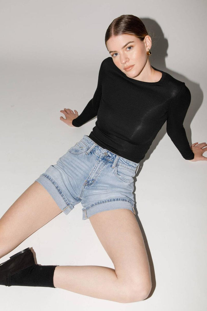 VERVET by Flying Monkey - High Rise Cuffed Denim Shorts in Dulcify