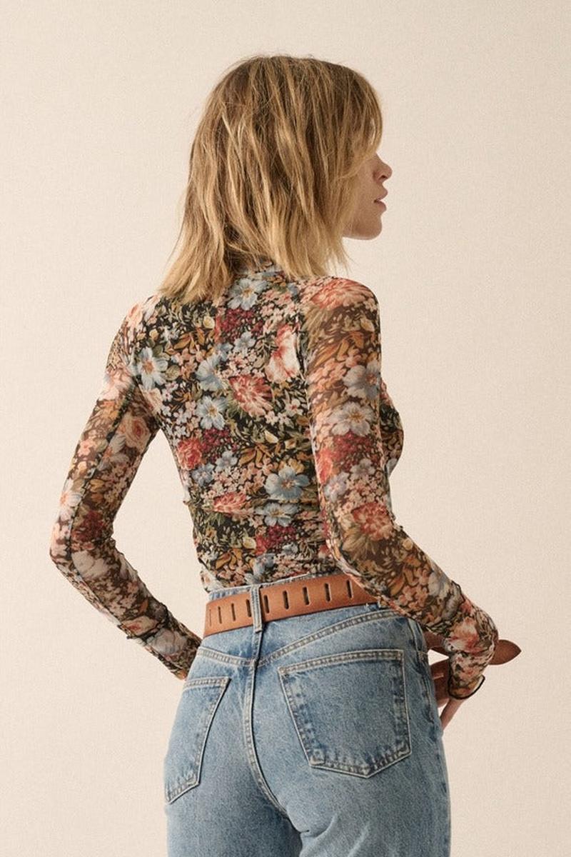 Promesa USA - Floral Mesh Long-Sleeve Mock Neck Top in Black