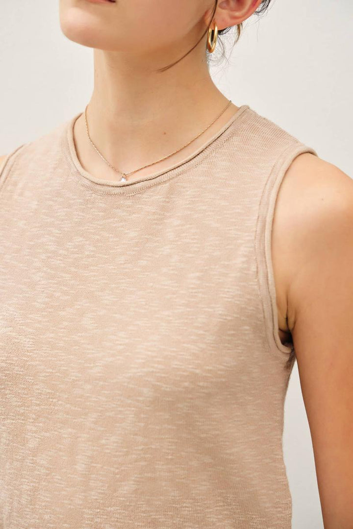 Be Cool -    Classic Pullover Raw Seam Detailed Knit Tank in Taupe