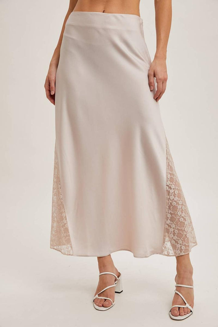 Bluivy - Lace Trimmed Mid-Rise Satin Skirt in Pearl