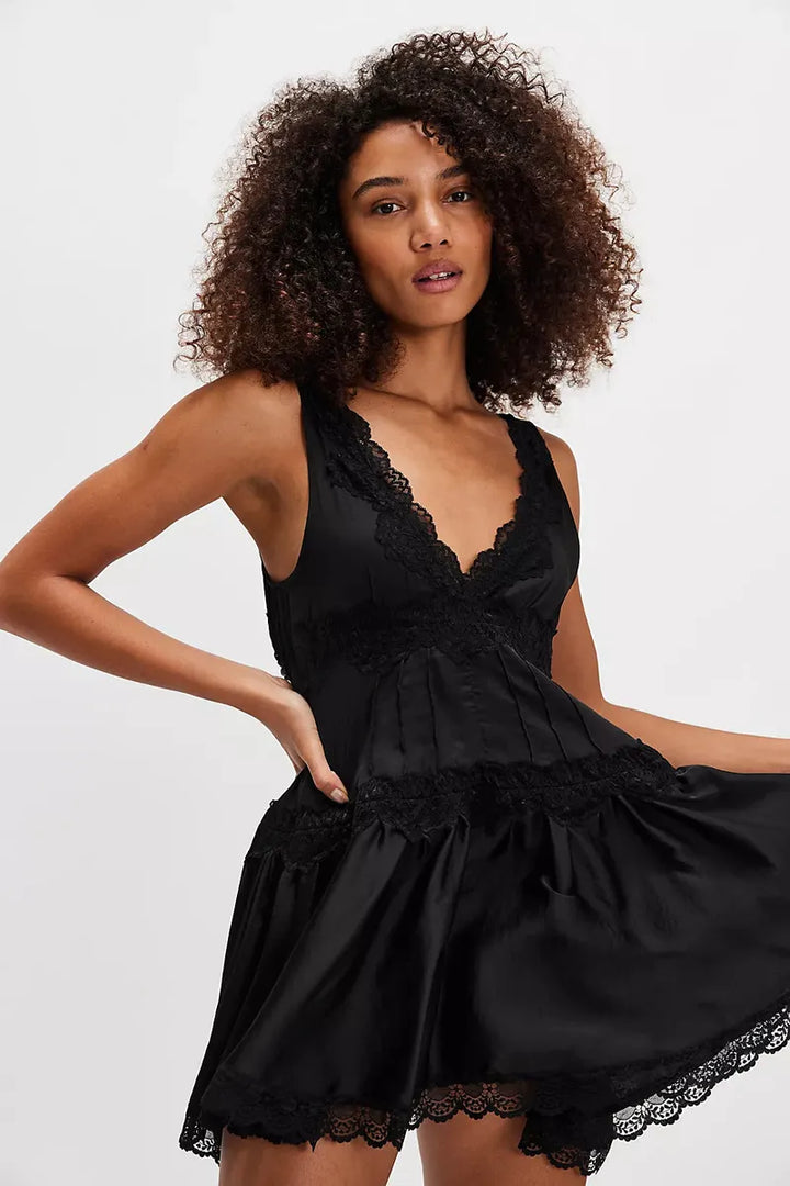 Free People - FP In This Groove Mini Slip Dress in Washed Black