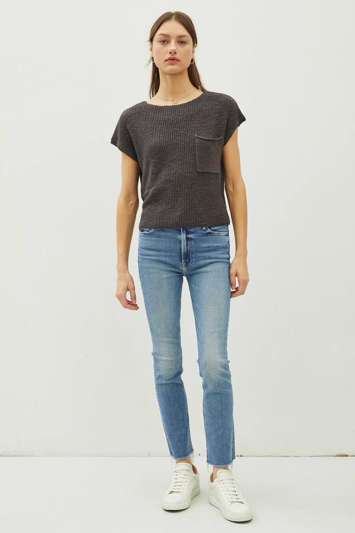 Be Cool - Patch Pocket Dolman Cap Sleeve Boxy Knit in Dark Charcoal