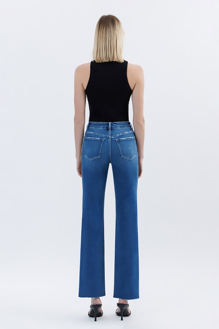 VERVET by Flying Monkey - High Rise Clean Cut Raw Hem Straight Jeans in Raptureously