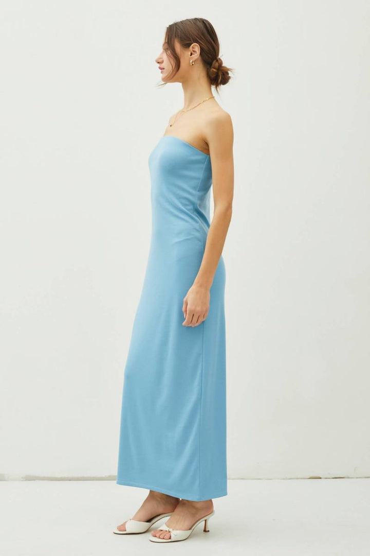 Be Cool - Solid Strapless Tube Maxi Dress With Back Slit in Aqua Blue