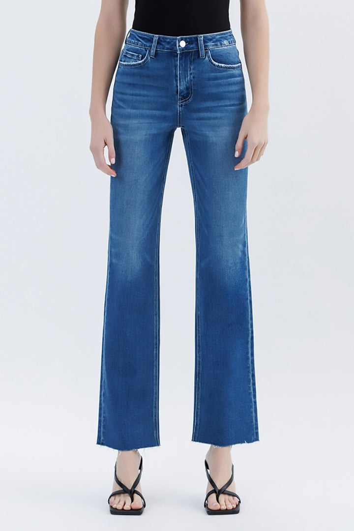 VERVET by Flying Monkey - High Rise Clean Cut Raw Hem Straight Jeans in Raptureously